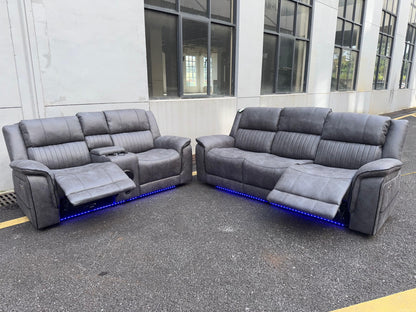 (Pre Order Promo Deal!) Geneva Mid Grey Easy Clean Suede Fabric 3 Seater + 2 Seater With Tech Console + Armchair Set | Online Only