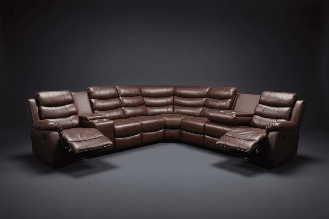 "Lando" Brown Leather 3C3C Recliner Corner Sofa Reversible | Drinks Tray Table | Modular