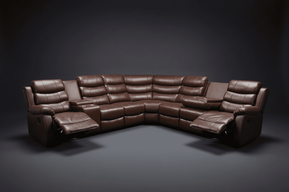 "Lando" Brown Leather 3C3C Recliner Corner Sofa Reversible | Drinks Tray Table | Modular