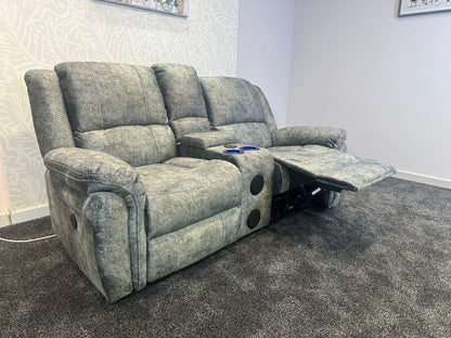 GALAXY Grey Plush Velvet ELECTRIC RECLINING 2 Seater Sofa With Drinks Cooling Cupholders Console. With USB Charging Ports & 2 Stage Reclining Feature
