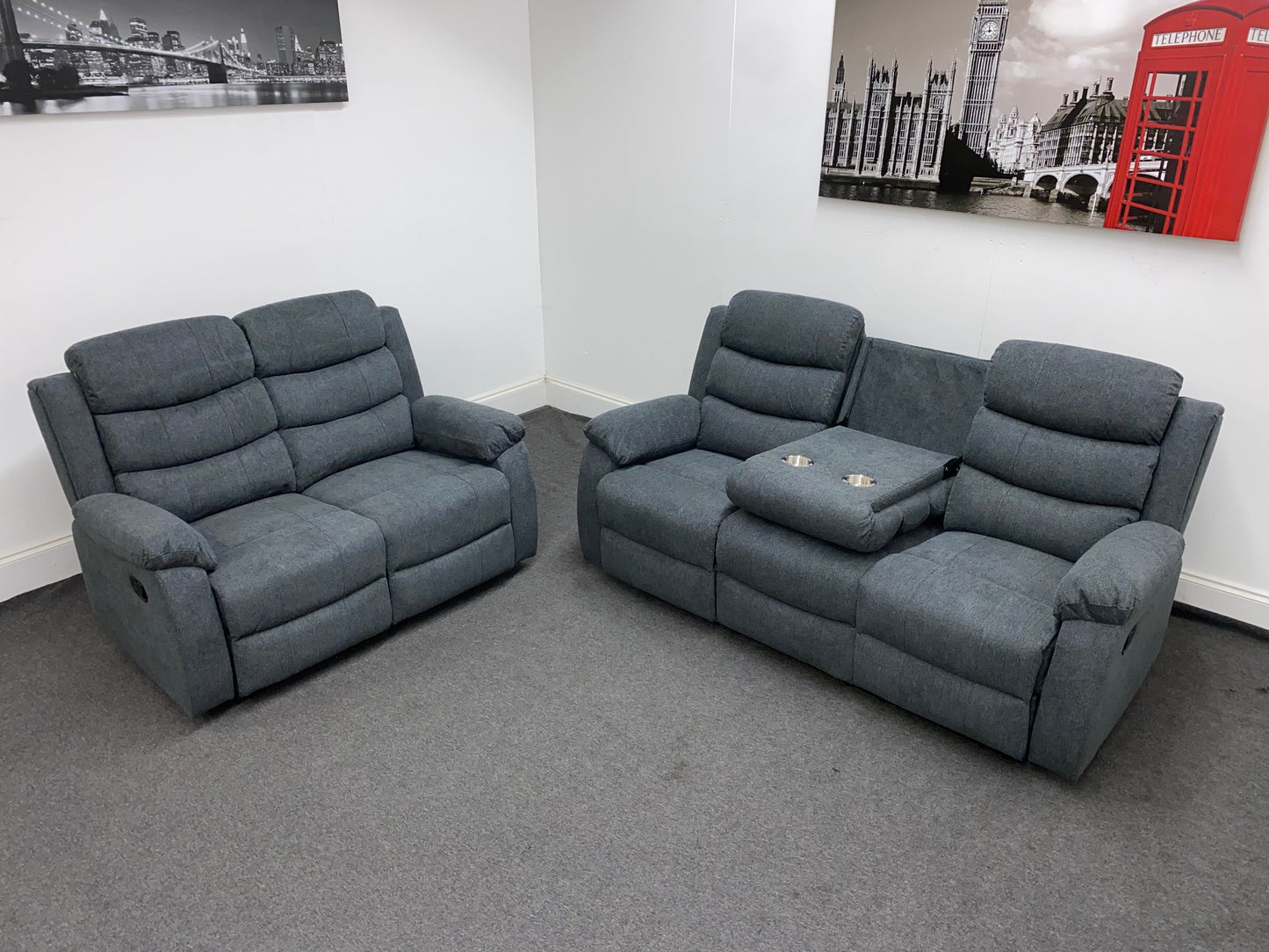 ‘Lewson’ Charcoal Grey Fabric Recliner 3 Seater + 2 Seater Sofa Set + Drinks Tray Table | Couch |