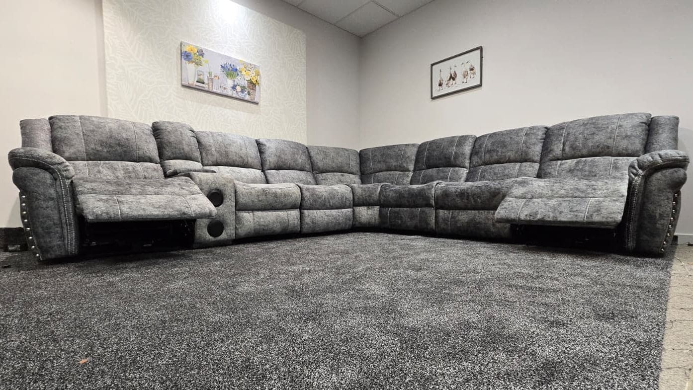 GALAXY Grey Plush Velvet Fabric Electric Reclining 3C3C Corner Sofa | Cooling Cupholders & USB Ports