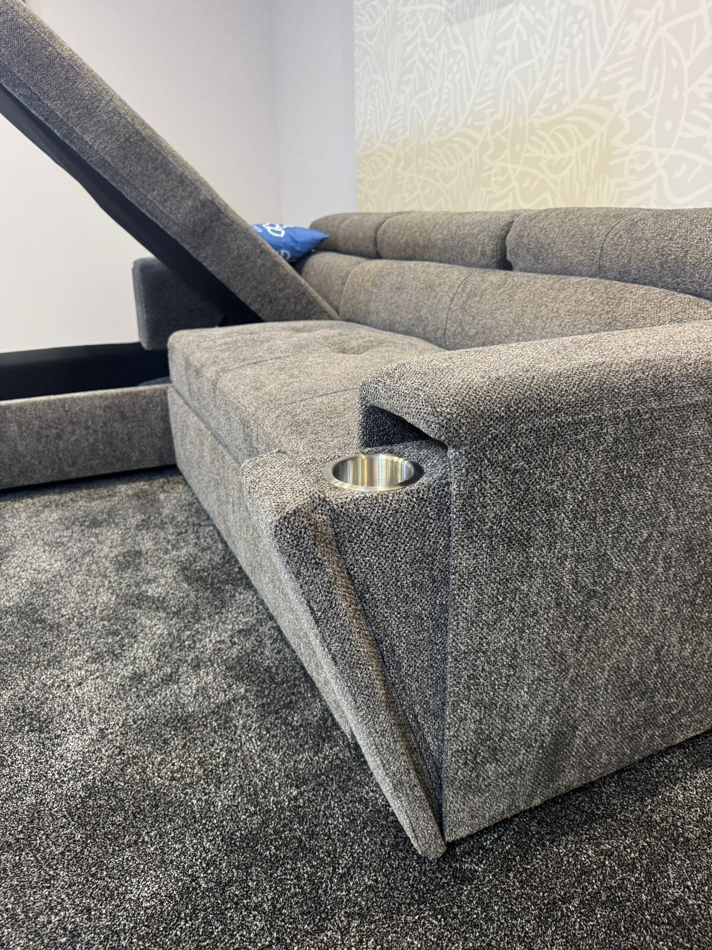 RHF Grey Fabric Sofa Bed + Storage Ottoman + Adjustable Headrests + Drinks Holder + Wireless Charger