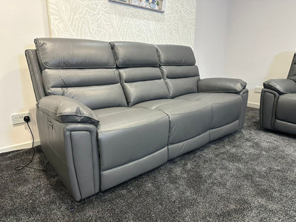 Donald Grey Leather Electric / Power Reclining 3 Seater + 2 Seater Sofa Suite Set With Drinks Coolers USB Charging Ports & Drop Down Tray Table