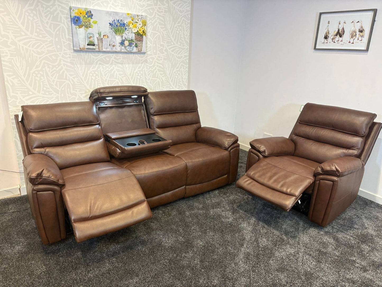 Donald Brown Leather Electric / Power Reclining Sofa Range Suite Set With USB Charging Ports & Drop Down Tray Table