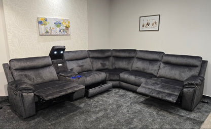 "Xavier" 2c2c Grey Plush Fabric Power Recliner Corner Sofa With USB Charging Ports & Cinema Drinks Console