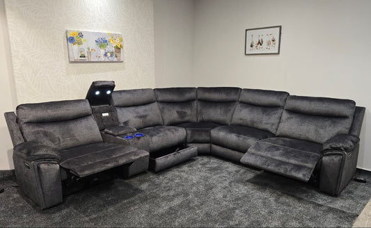 "Xavier" 2c2c Grey Plush Fabric Power Recliner Corner Sofa With USB Charging Ports & Cinema Drinks Console