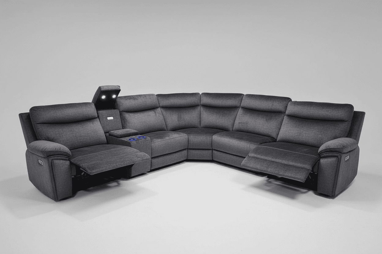 "Xavier" 2c2c Grey Plush Fabric Power Recliner Corner Sofa With USB Charging Ports & Cinema Drinks Console