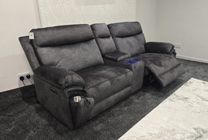"Xavier" Cinema Sofa in Grey Plush Fabric & Comes With Power Recliners, USB Charging Ports, Drinks Cooling Cup Holders Plus Wireless Charging & Storage. Laf + RAF + Tech Console