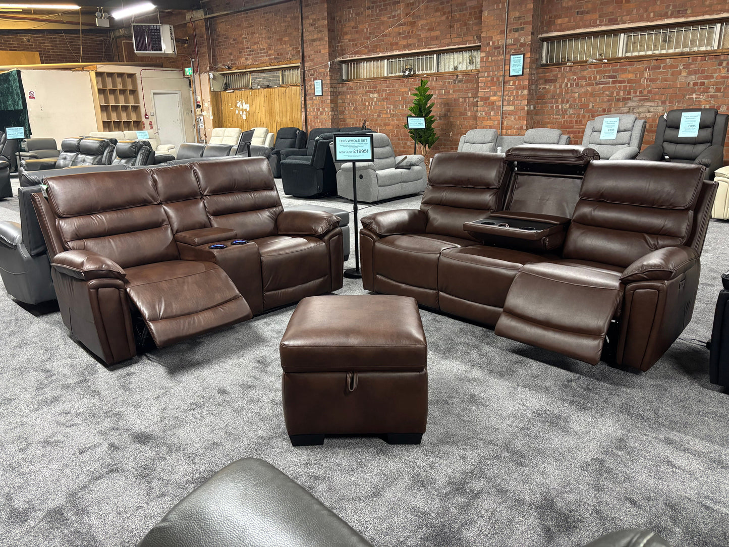 Donald Brown Leather Electric / Power Reclining 3 Seater + 2 Seater + Storage Footstool Sofa Set With USB Charging Ports & Drop Down Tray Table