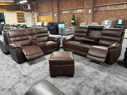 Donald Brown Leather Electric / Power Reclining 3 Seater + 2 Seater + Storage Footstool Sofa Set With USB Charging Ports & Drop Down Tray Table