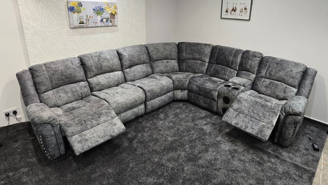 GALAXY Grey Plush Velvet Fabric Electric Reclining 3C2C Corner Sofa, Drinks Coolers & USB Ports