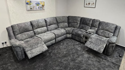 GALAXY Grey Plush Velvet Fabric Electric Reclining 3C2C Corner Sofa, Drinks Coolers & USB Ports