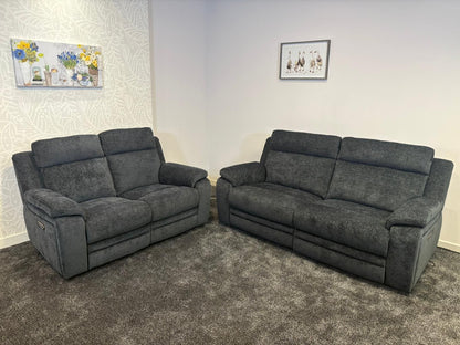 "Barretta" Electric / Power Reclining Grey Fabric Sofa Set - USB Charging & Drinks Tray Table