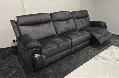 "Xavier" 5 Seater Sofa In Grey Plush Fabric & Comes With Power Recliners, USB Charging Ports & Fold Out Cup Holders. LAF + RAF Armless