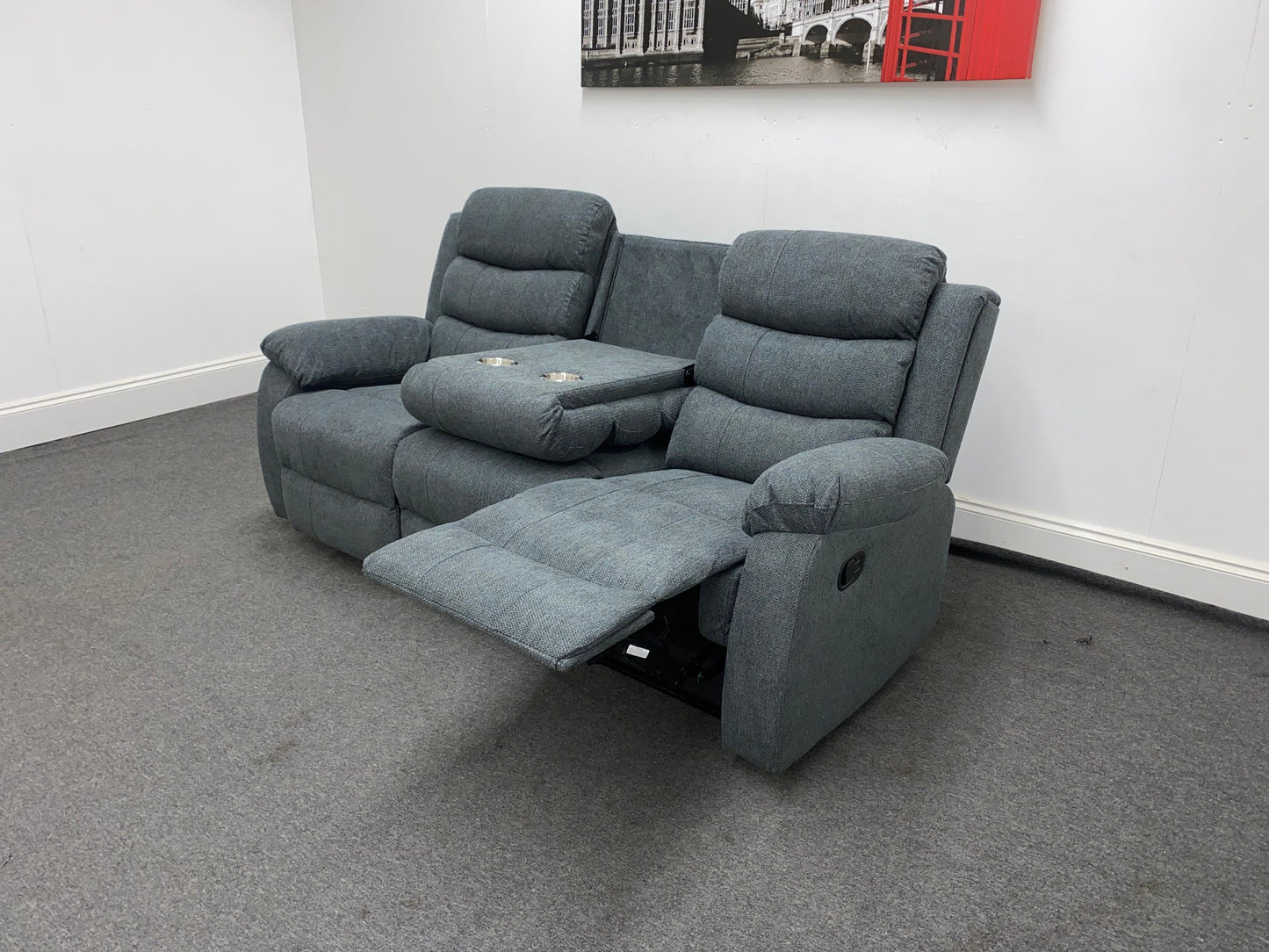 ‘Lewson’ Charcoal Grey Fabric Recliner 3 Seater + 2 Seater Sofa Set + Drinks Tray Table | Couch |