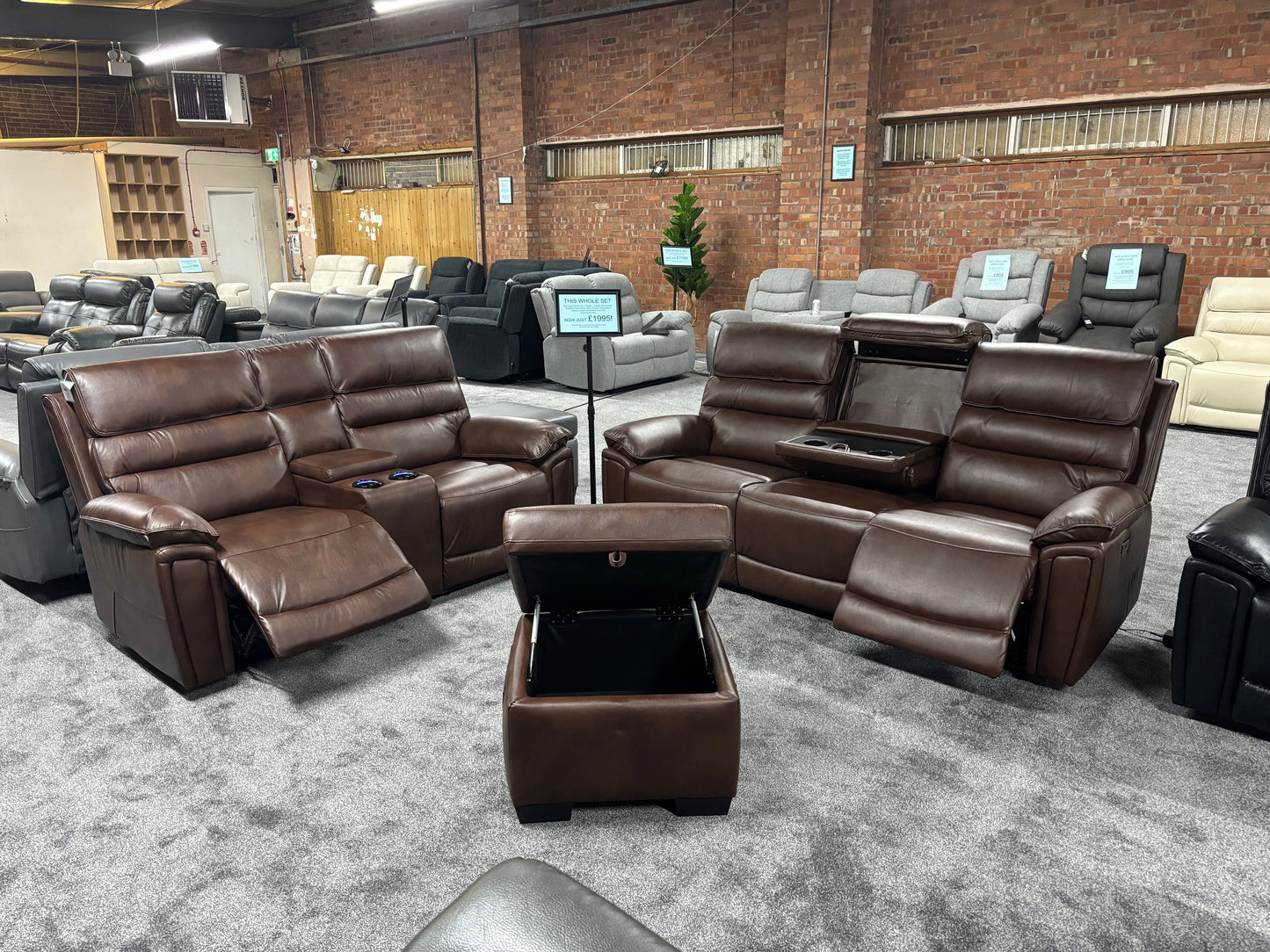 Donald Brown Leather Electric / Power Reclining 3 Seater + 2 Seater + Storage Footstool Sofa Set With USB Charging Ports & Drop Down Tray Table