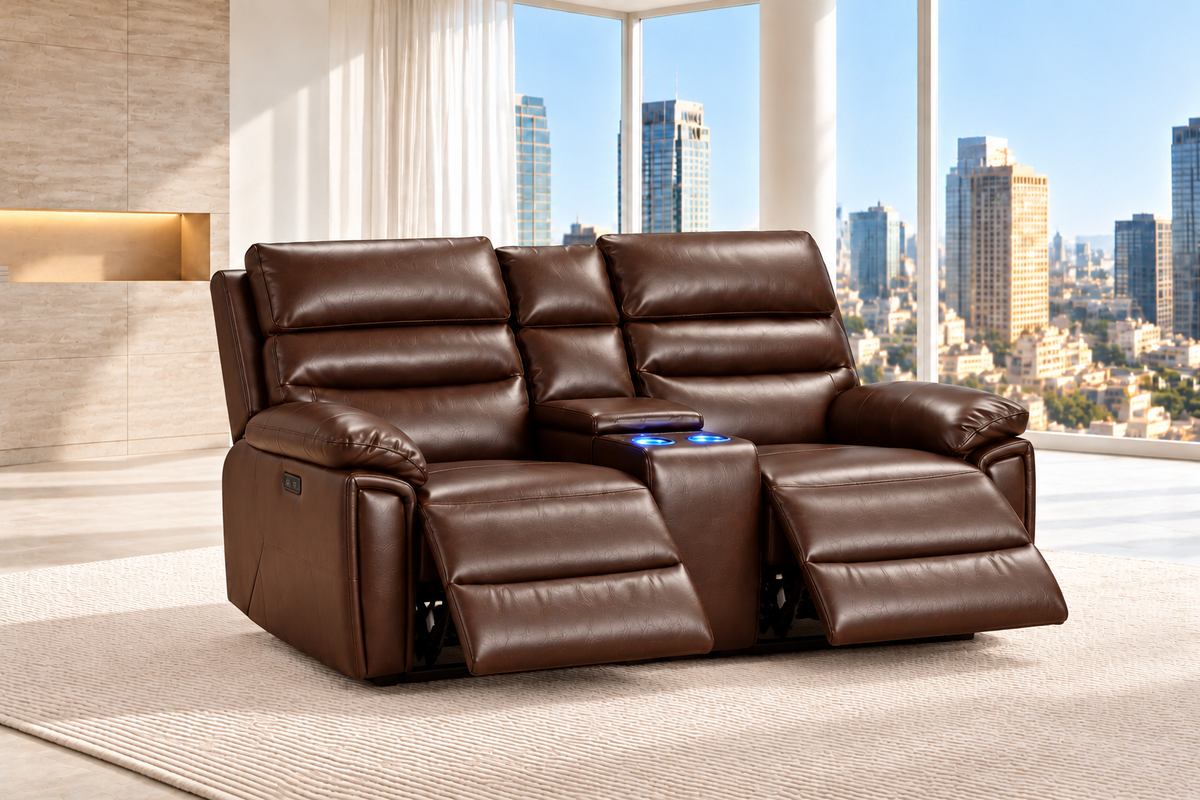 Calisese Brown Leather Electric Reclining Sofa Range Suite Set With USB Charging Ports & Drop Down Tray Table