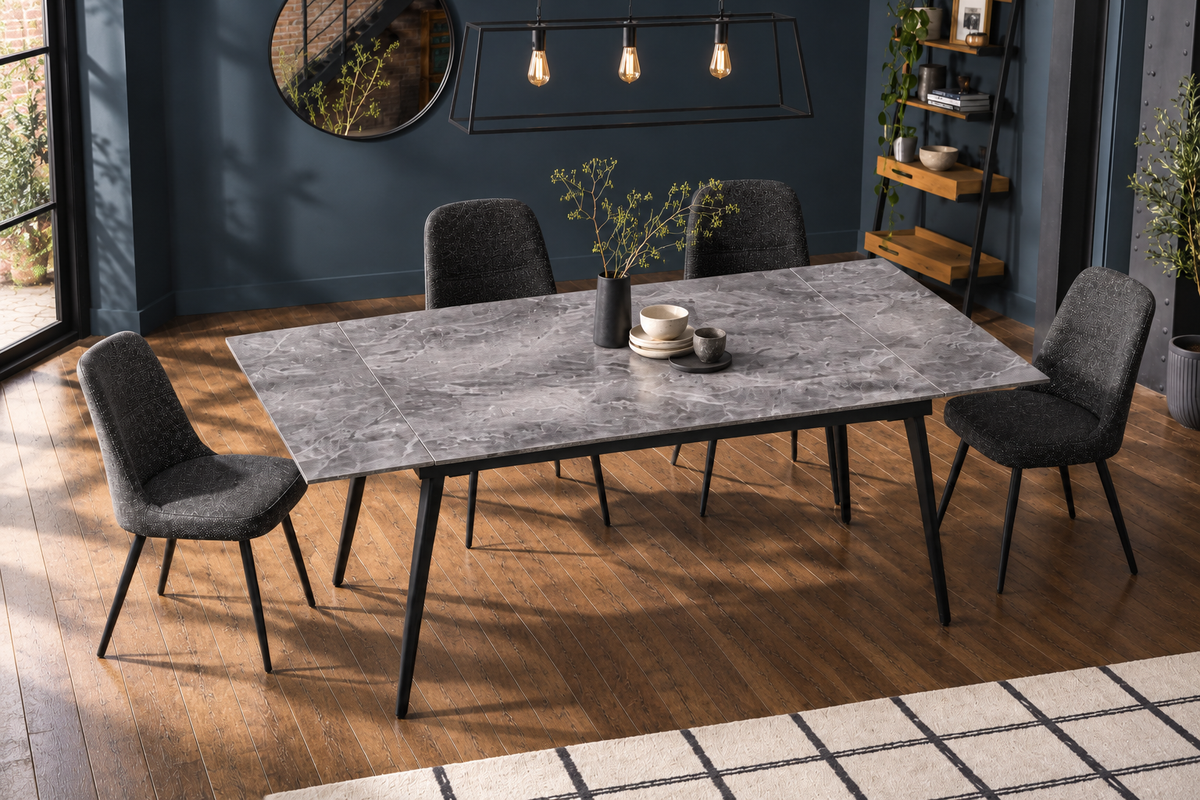 (Pre Order Deal, Arriving December 15th) "Regis" 120cm-180cm Graphite Grey Ceramic Extending Dining Table With Metal Black Legs - Table Only