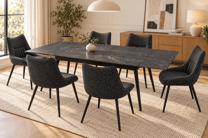 (Pre Order Deal, Arriving December 15th) "Regis" 120cm-180cm Ceramic Extending Dining Table & Grey Leather Celia Charcoal Grey Fleck Fabric Dining Chairs Set