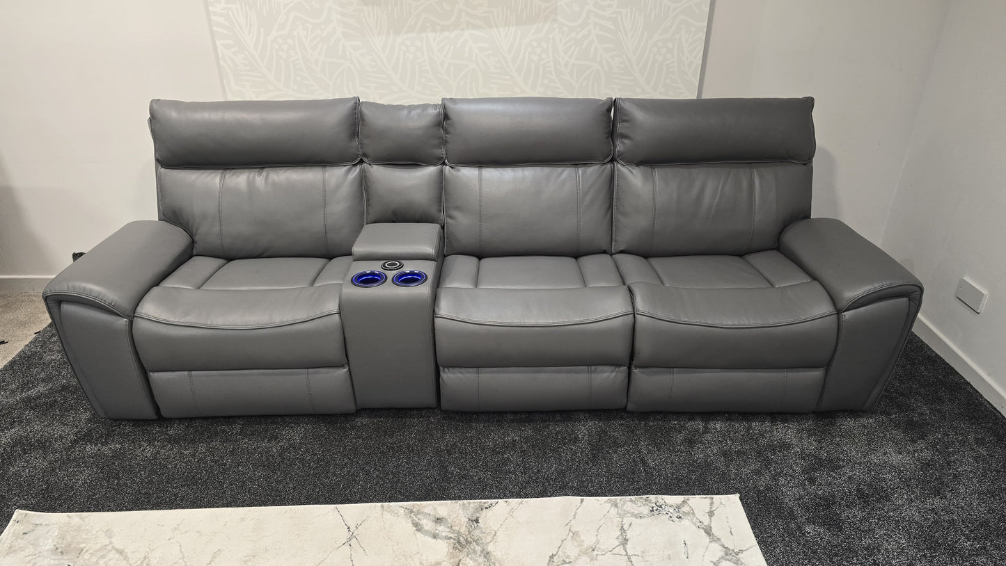 "Ronan" Reversible Cinema 5 Seater Sofa In Milano Grey Leather & With Electric Recliners, Drinks Coolers, Wireless Charging & Storage. Laf + Raf + Armless Tech Console