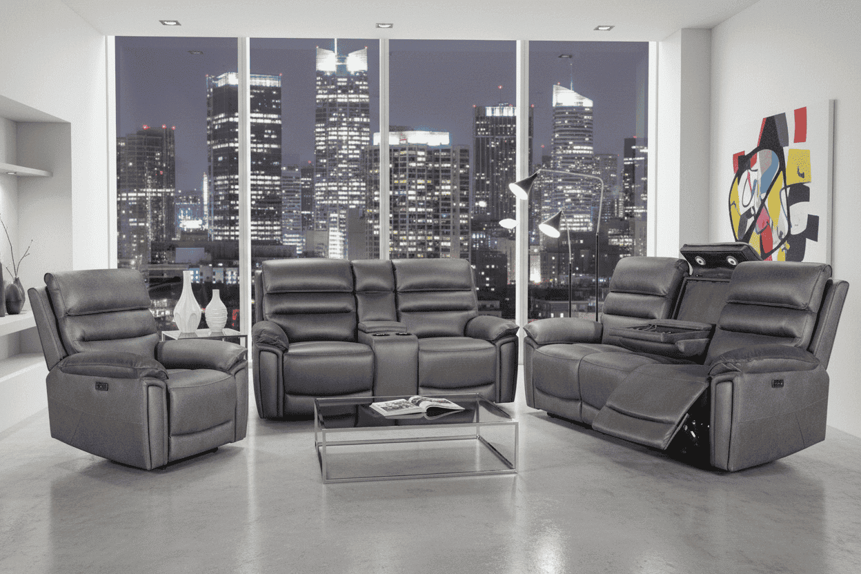 Donald Grey Suede Fabric Electric / Power Reclining Sofa Range Suite Set With USB Charging Ports & Drop Down Tray Table