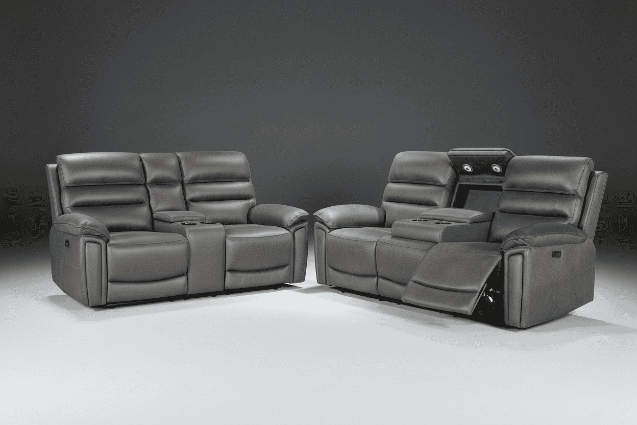 DFS Lawson Grey Easy Clean Fabric Electric Reclining 3 Seater + 2 Seater Sofa Set With USB Charging Ports, Drop Down Tray Table & Drinks Cooling Cupholders