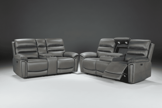 DFS Lawson Grey Easy Clean Fabric Electric Reclining 3 Seater + 2 Seater Sofa Set With USB Charging Ports, Drop Down Tray Table & Drinks Cooling Cupholders