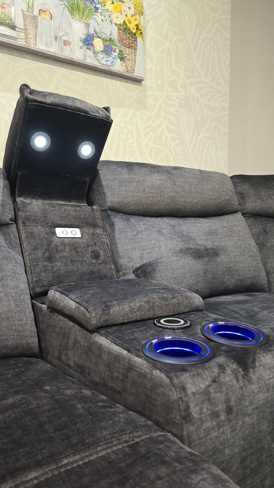 "Xavier" 2c2c Grey Plush Fabric Power Recliner Corner Sofa With USB Charging Ports & Cinema Drinks Console