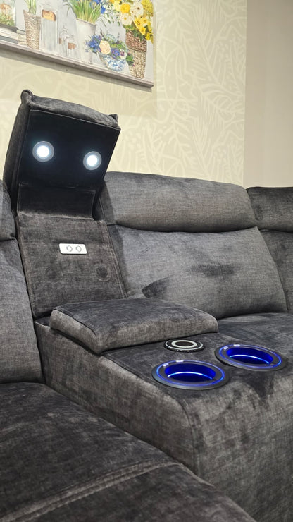 "Xavier" 2c2c Grey Plush Fabric Power Recliner Corner Sofa With USB Charging Ports & Cinema Drinks Console