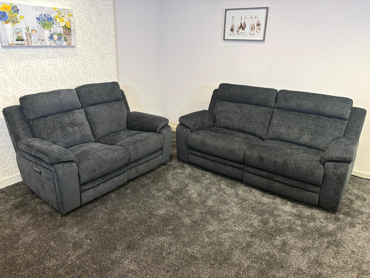 "Barretta" Electric / Power Reclining Grey Fabric Sofa Set - USB Charging & Drinks Tray Table