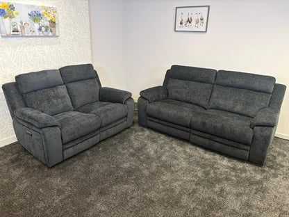 "Barretta" Electric / Power Reclining Grey Fabric Sofa Set - USB Charging & Drinks Tray Table