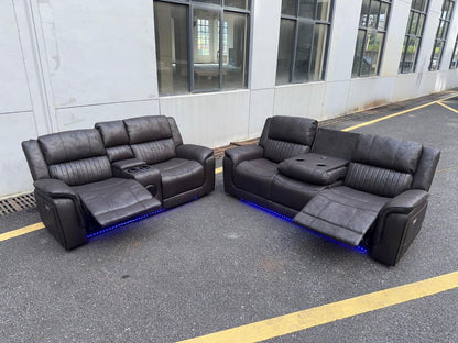 Pre Order Promo Deal! Geneva Charcoal Grey Easy Clean Suede Fabric 3 Seater + 2 Seater With Tech Console + Armchair Set