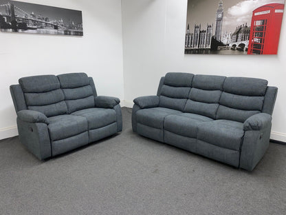 ‘Lewson’ Charcoal Grey Fabric Recliner 3 Seater + 2 Seater Sofa Set + Drinks Tray Table | Couch |