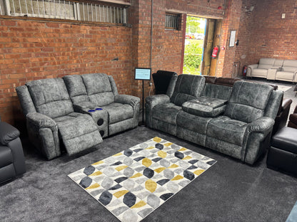 "GALAXY" Tech Grey ELECTRIC Plush Velour Velvet 3 + 2 Seater With Drinks Console Reclining Sofa Set Plus USB Charging Ports and drinks coolers cup holders
