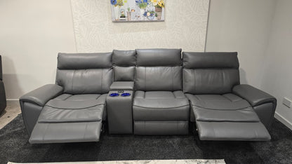 "Ronan" Reversible Cinema 5 Seater Sofa In Milano Grey Leather & With Electric Recliners, Drinks Coolers, Wireless Charging & Storage. Laf + Raf + Armless Tech Console