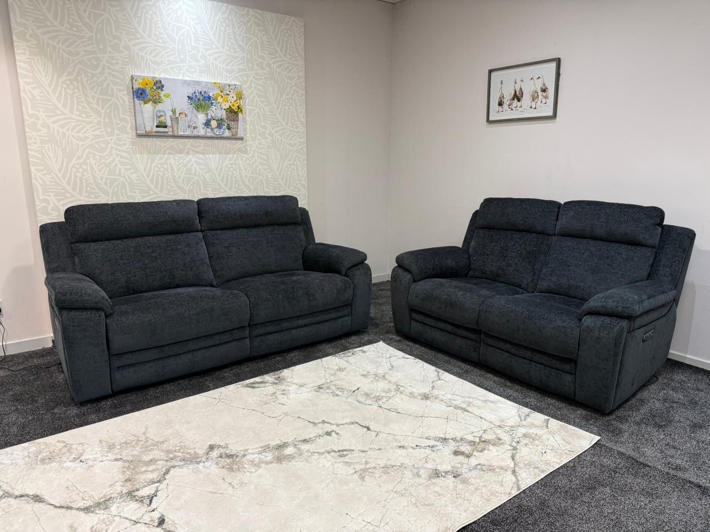"Barre" Electric / Power Reclining Grey Fabric 3 + 2 Seater Sofa Set - USB Charging Ports