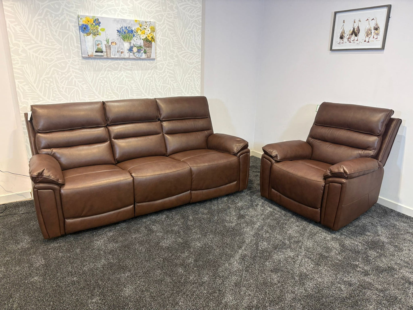 Donald Brown Leather Electric / Power Reclining Sofa Range Suite Set With USB Charging Ports & Drop Down Tray Table