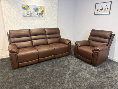 Donald Brown Leather Electric / Power Reclining Sofa Range Suite Set With USB Charging Ports & Drop Down Tray Table