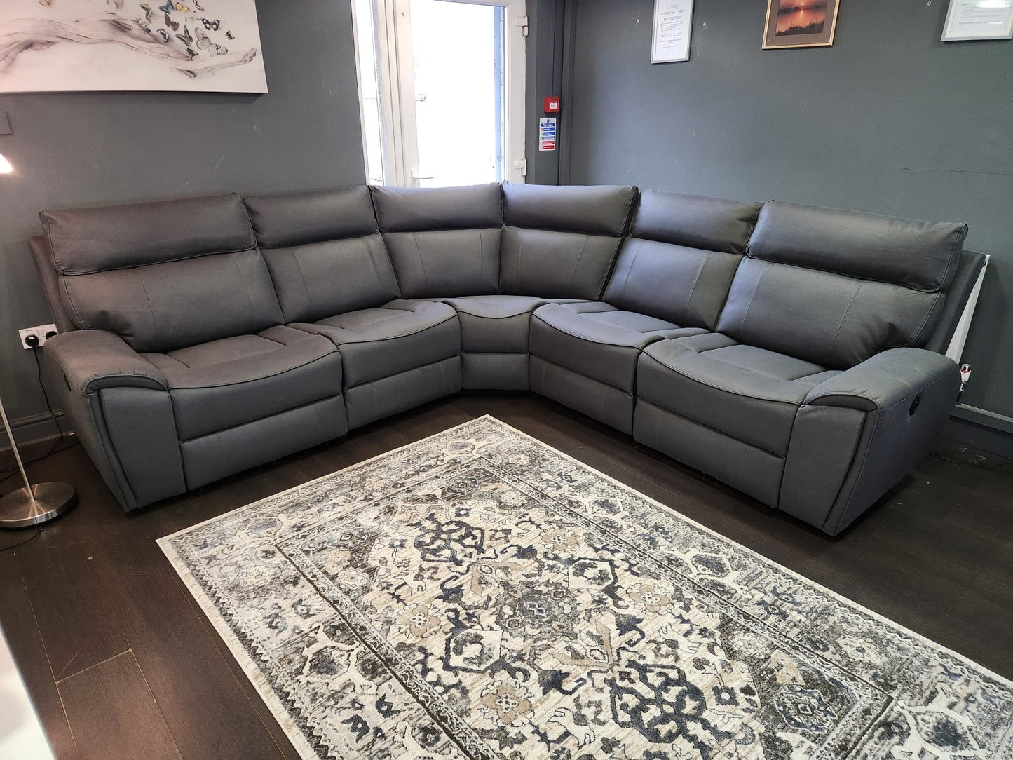 ‘Ronan' 2c2 Electric Recliner Easy Clean Microfibre Grey Tech Fabric Corner Sofa + USB Charging Ports - Reversible