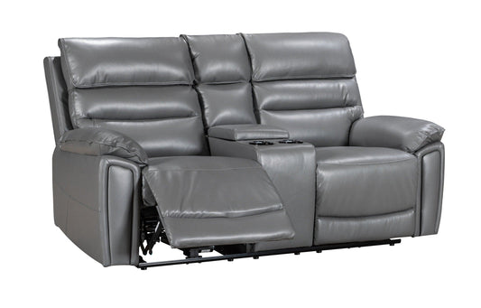 Donald Grey Leather Electric / Power Reclining 2 Seater Sofa With Drinks Coolers USB Charging Ports & Drop Down Tray Table