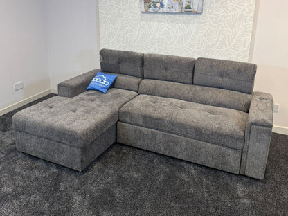 RHF Grey Fabric Sofa Bed + Storage Ottoman + Adjustable Headrests + Drinks Holder + Wireless Charger