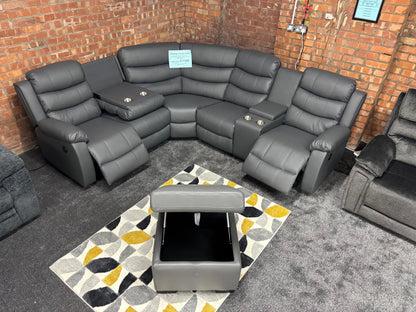 'Lando' Grey Leather Reversible Reclining Corner Sofa | Comes With A Storage Footstool, Drinks Console | Fold Down Tray Table | High Backrest & Seating Position | Couch |