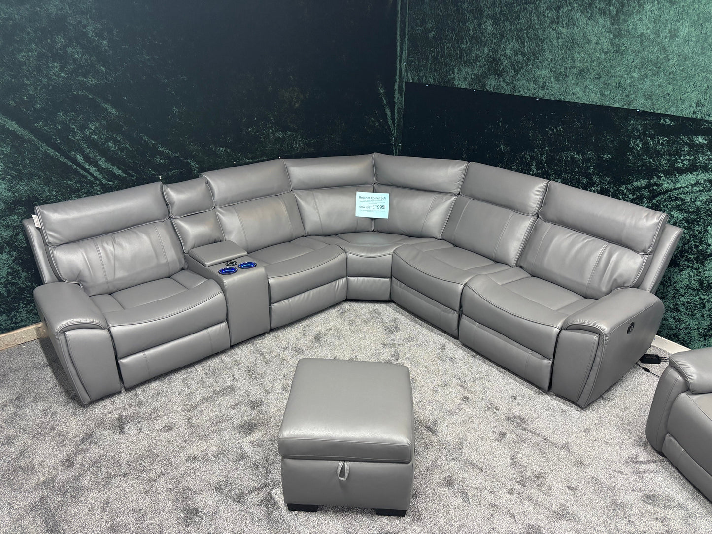 "Ronan" Grey Leather Electric Recliner Corner Sofa + Storage Footstool, Cupholders & USB Charging Ports (Reversible)