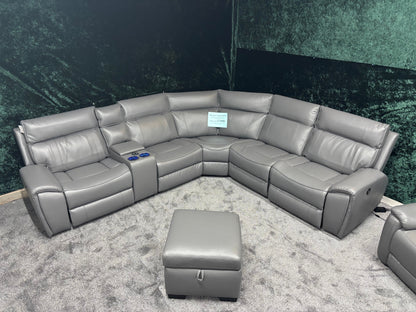 "Ronan" Grey Leather Electric Recliner Corner Sofa + Storage Footstool, Cupholders & USB Charging Ports (Reversible)