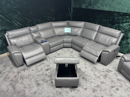 "Ronan" Grey Leather Electric Recliner Corner Sofa + Storage Footstool, Cupholders & USB Charging Ports (Reversible)
