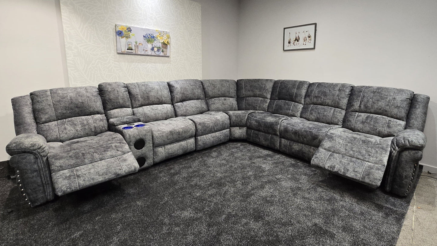 GALAXY Grey Plush Velvet Fabric Electric Reclining 3C3C Corner Sofa | Cooling Cupholders & USB Ports