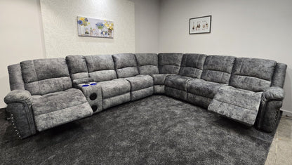 GALAXY Grey Plush Velvet Fabric Electric Reclining 3C3C Corner Sofa | Cooling Cupholders & USB Ports