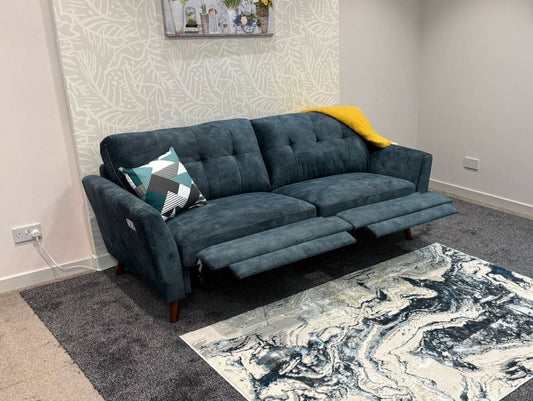 DFS Electric Recliner Ocean / Blue Plush Velvet Fabric 3 Seater Sofa