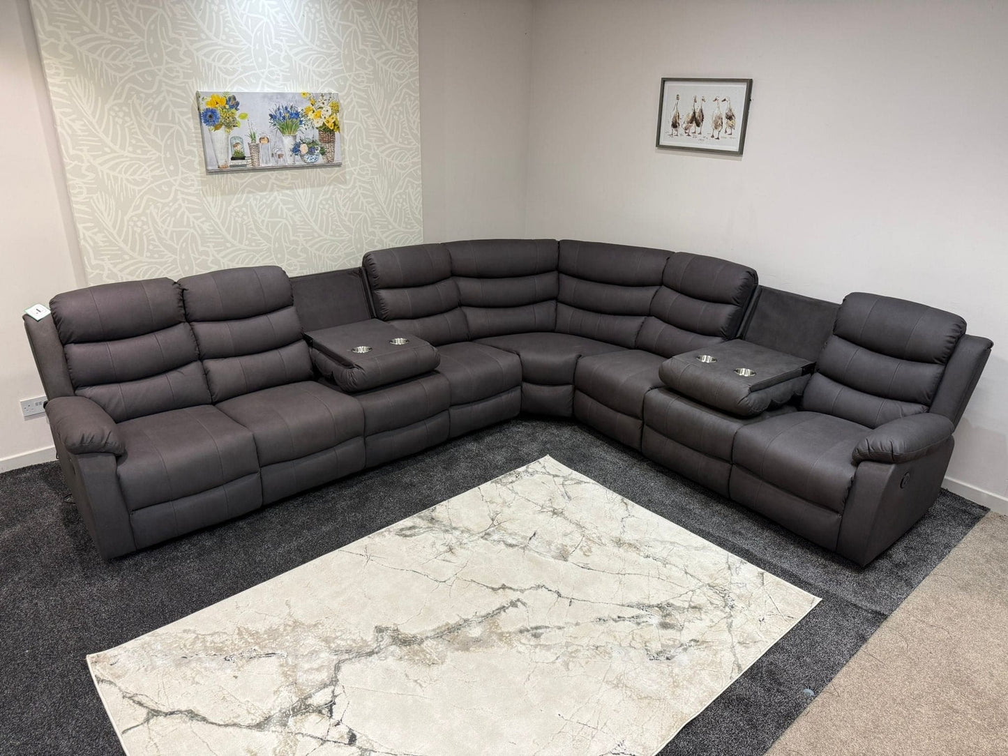 "Willow" Dark Grey Fabric 4C3 Recliner Corner Sofa | 2 x Drinks Tray Tables | Easy Clean Fabric | Modular